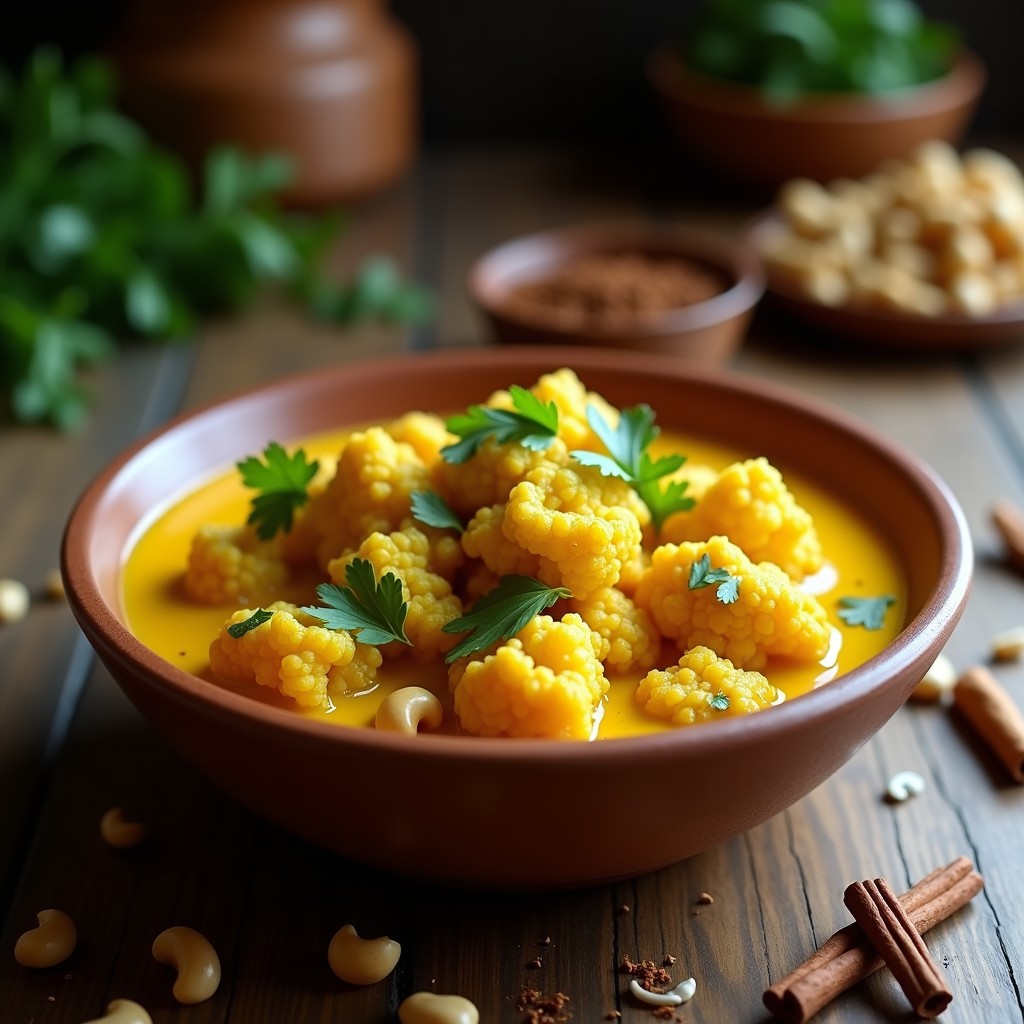 Plato hondo de cerámica blanca con curry de coliflor y anacardos vegano en airfryer, floretes dorados bañados en salsa cremosa de leche de coco y especias indias, anacardos tostados y cilantro fresco, sobre fondo de madera rústica.