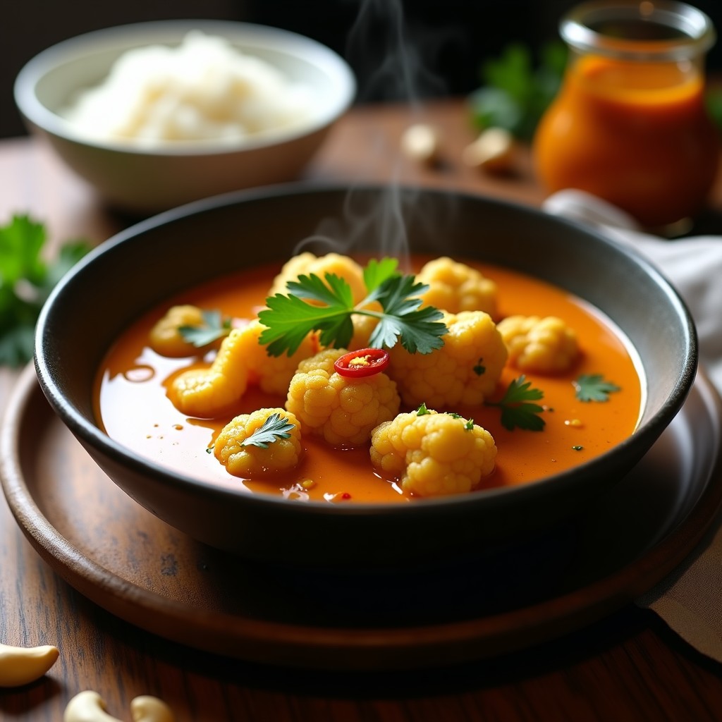 Curry de coliflor y leche de anacardo en olla lenta con toque indonesio, servido en un bol de cerámica oscura, con arroz basmati, decorado con cilantro fresco y rodajas de chile rojo, sobre un fondo de madera rústica.
