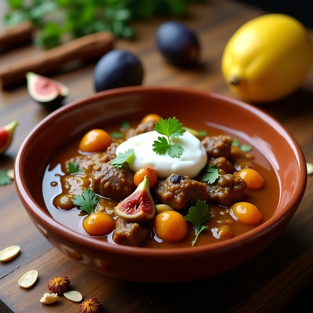 Plato de barro oscuro con curry de cordero persa en salsa espesa dorada, trozos de cordero tiernos, higos caramelizados y almendras tostadas espolvoreadas. Acompañado de yogur griego y cilantro fresco, con fondo de especias y texturas rústicas.