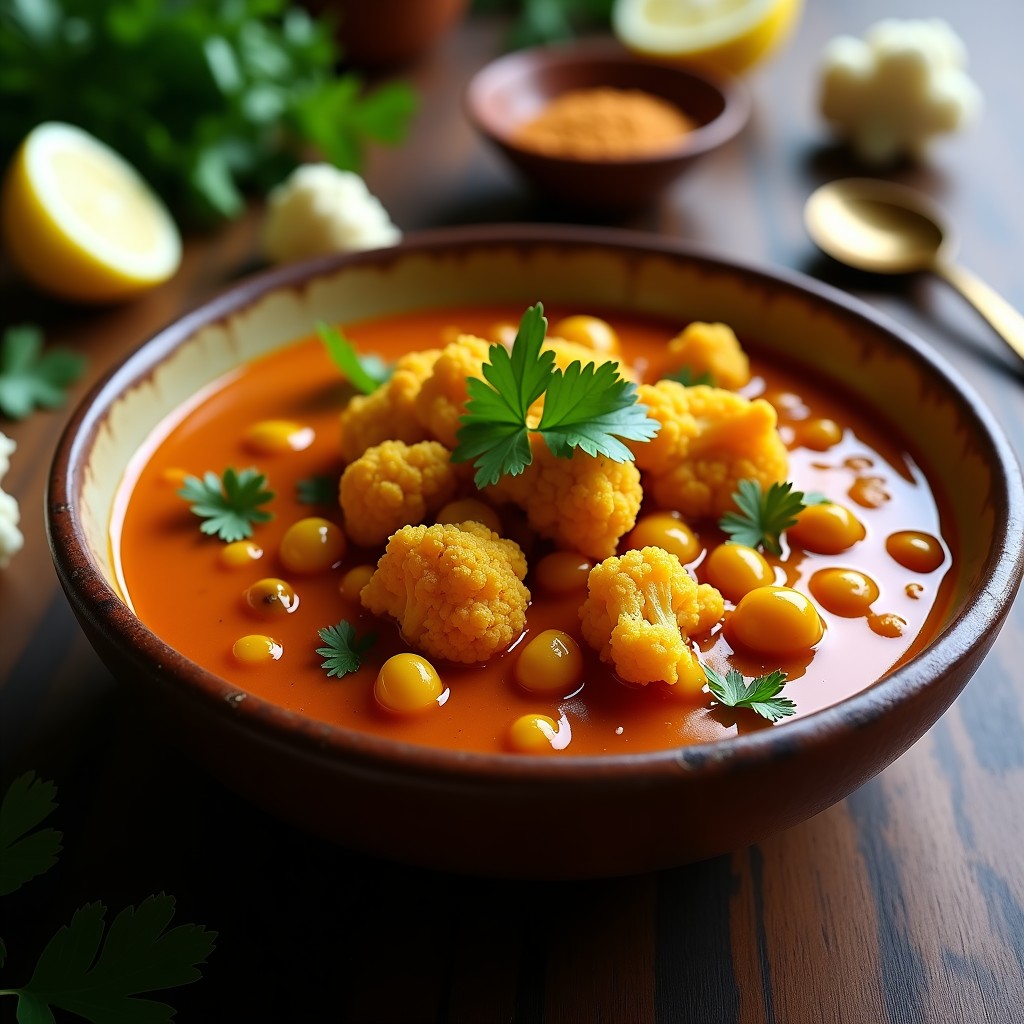 Bol hondo de barro con curry de garbanzos y coliflor ahumada en salsa de leche de coco, decorado con cilantro fresco y rodajas de limón. Plato colorido y apetecible, típico de la cocina india.