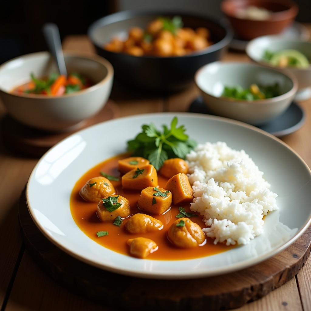 Bol hondo de cerámica negra con curry de jackfruit al coconut milk, decorado con cilantro fresco y anacardos tostados. El curry tiene un color verde intenso por el curry tailandés, con trozos de jackfruit y pimiento rojo. Fondos de hojas de lima kaffir y rodajas de limón alrededor.