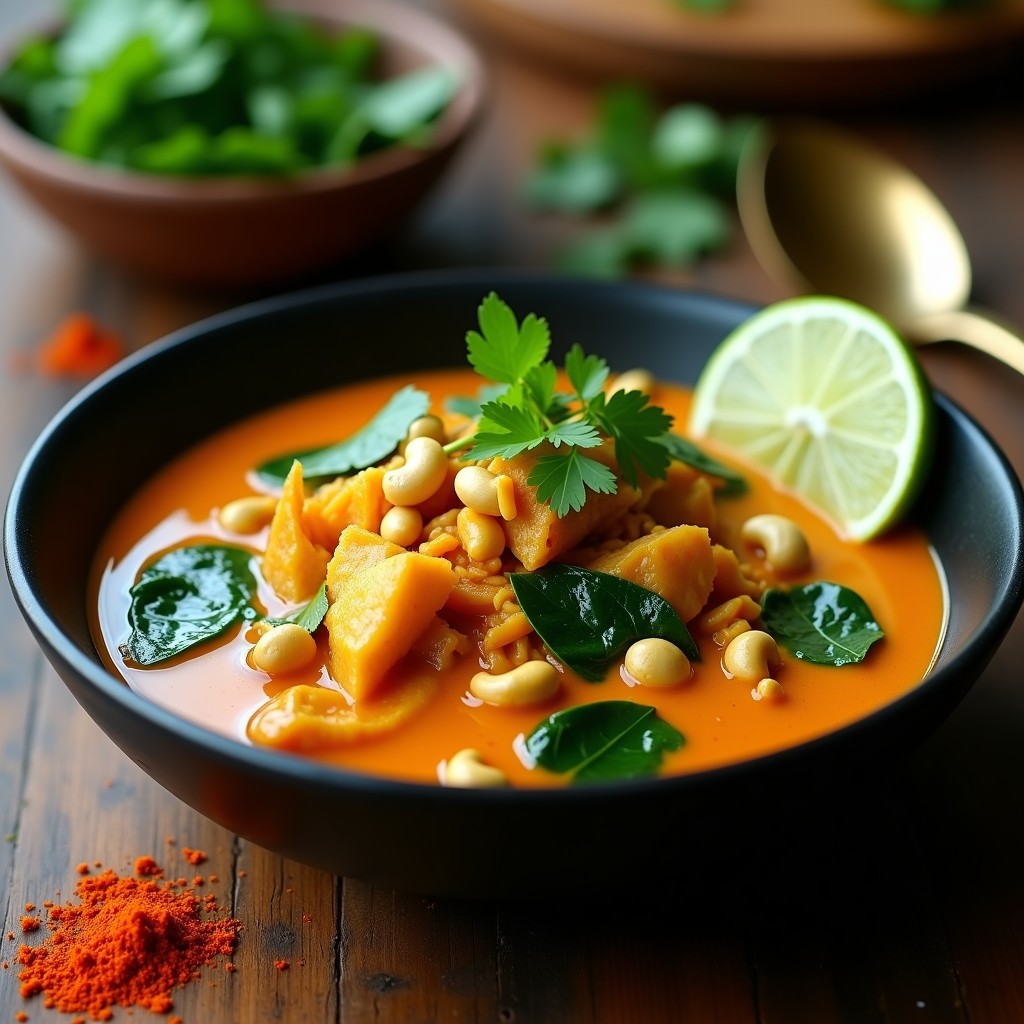 Plato hondo de barro con curry de jackfruit desmenuzado y espinacas en salsa cremosa de coconut milk, espolvoreado con anacardos tostados y cilantro fresco, servido con arroz basmati blanco.