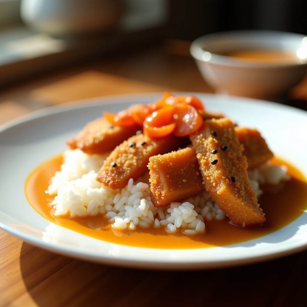 Plato blanco con curry japonés katsu: filetes de lomo de cerdo empanizado dorado en airfryer, cortados en tiras sobre arroz blanco, bañados en salsa de curry espesa y brillante con trozos de zanahoria y cebolla, decorado con semillas de sésamo negro.