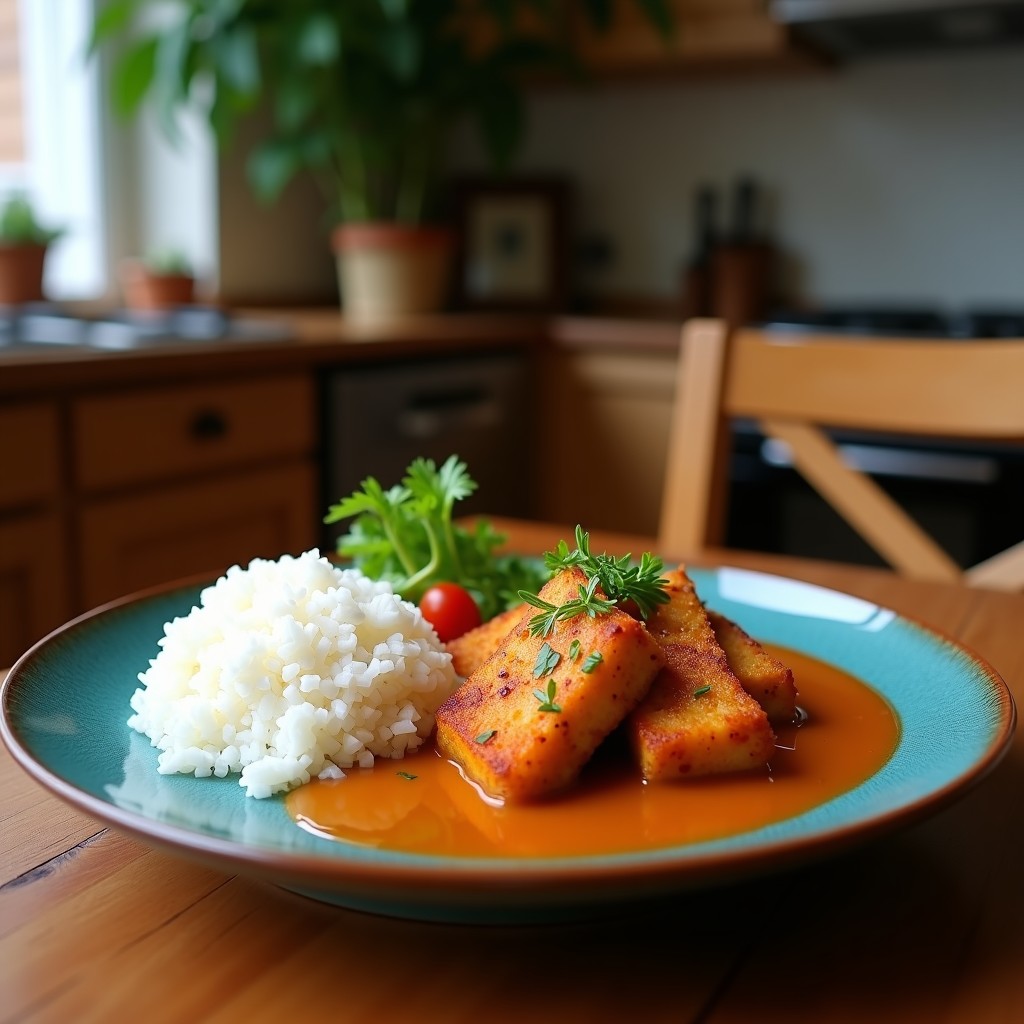 Plato hondo blanco con arroz japonés cubierto de salsa de curry japonés espesa, acompañada de tonkatsu (cerdo empanado crujiente) cortado en tiras y decorado con uvas pasas. Incluye encurtidos japoneses al lado.