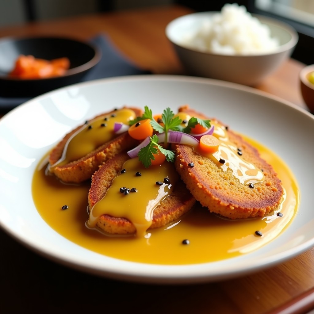 Plato de curry japonés katsu vegano en airfryer, con rodajas de berenjena y seitán empanizado crujiente, bañadas en salsa de curry dorada y espolvoreadas con semillas de sésamo negro, acompañado de arroz blanco.