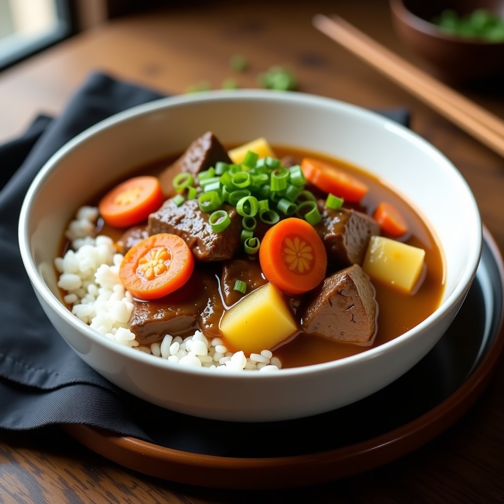 Plato hondo de porcelana blanca con curry japonés espeso de ternera y zanahoria, servido sobre arroz brillante, con trozos de carne tierna y verduras bañadas en salsa dorada.