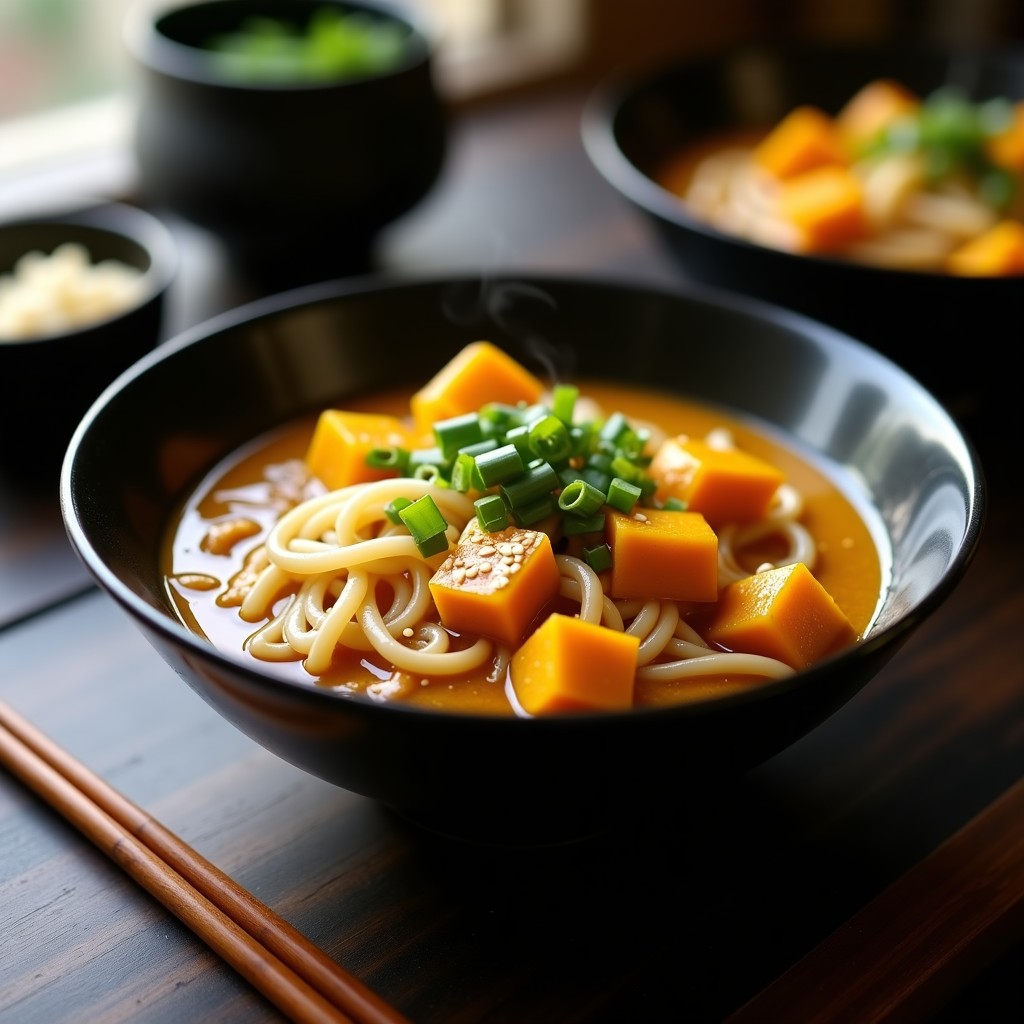 Cuenco hondo de cerámica negra con curry japonés cremoso, fideos udon, trozos de calabaza kabocha dorada y semillas de sésamo. Plato tradicional japonés reconfortante.