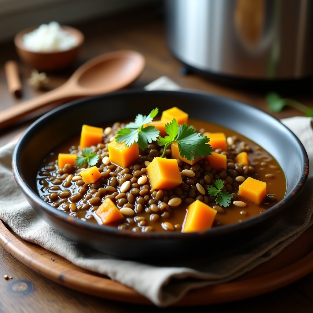 Plato hondo de barro repleto de curry de lentejas negras y calabaza en olla lenta, con trozos dorados de calabaza butternut, lentejas brillantes y espinacas verdes, bañado en una salsa amarilla de cúrcuma y leche de coco. Decorado con hojas de cilantro fresco sobre fondo de madera rústica.