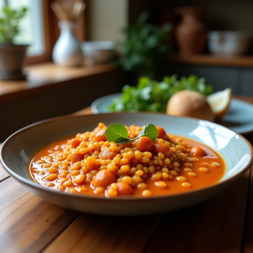 Plato hondo de barro con curry de lentejas rojas y coco, servido con cilantro fresco y rodajas de limón, receta airfryer ultracremosa.