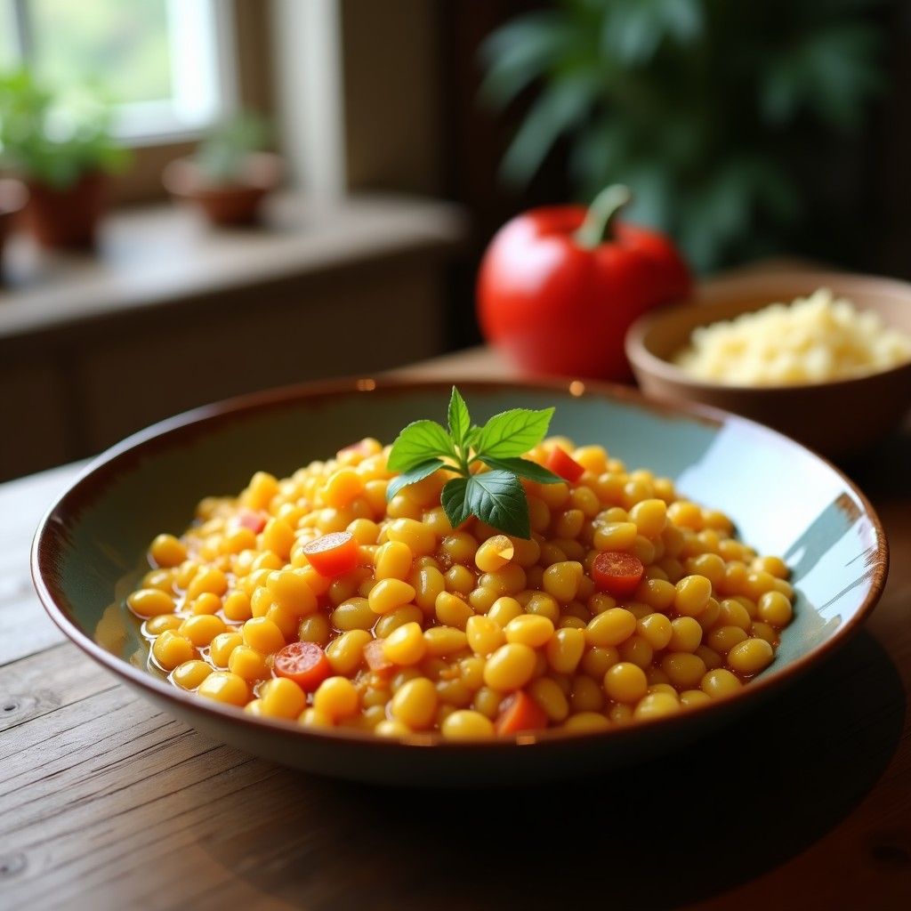 Olla de barro con curry de lentejas rojas y coco, espolvoreado con cilantro fresco, acompañado de arroz basmati y una cucharada de yogur natural, receta express india.