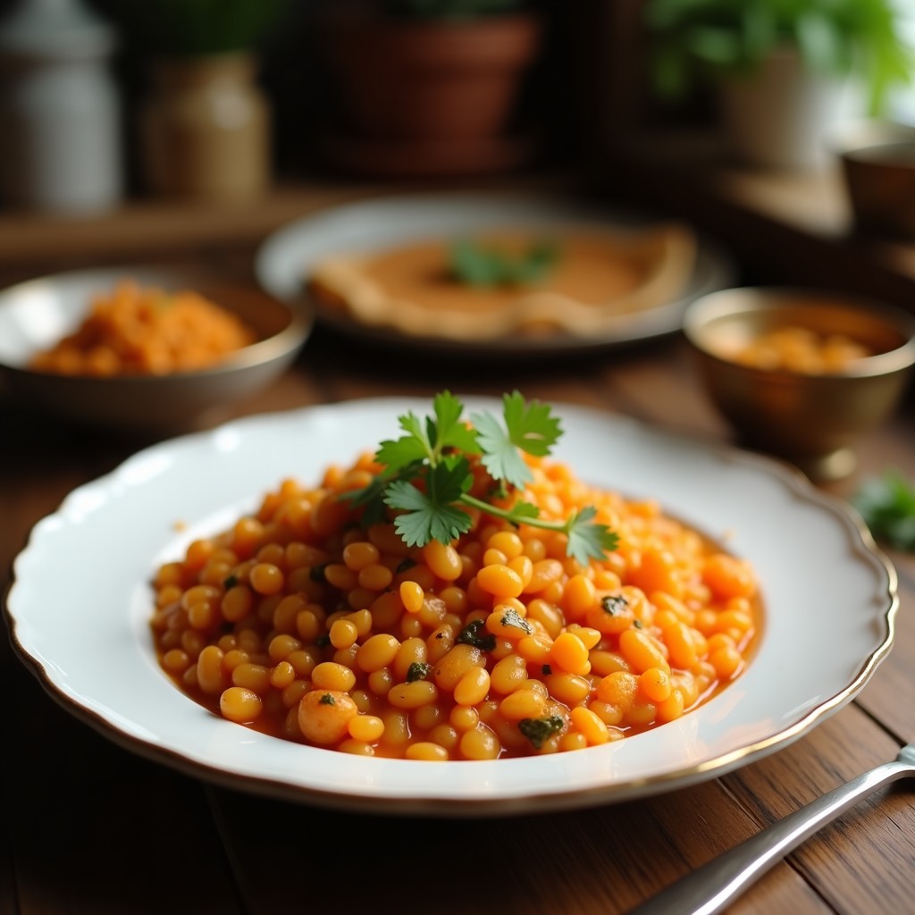 Cuenco hondo de barro con curry de lentejas rojas y coco, espolvoreado con cilantro fresco y acompañado de arroz basmati. Plato colorido con tonos dorados y rojizos, típico de la cocina india en olla lenta.