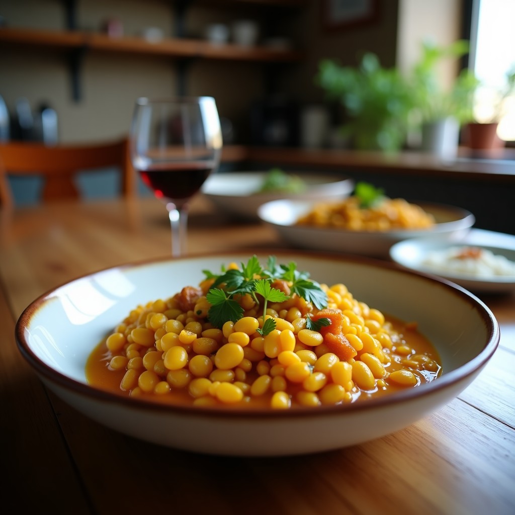 Plato hondo de barro con curry de lentejas rojas y coco, espolvoreado con cilantro fresco y acompañado de arroz basmati blanco y una rodaja de limón.