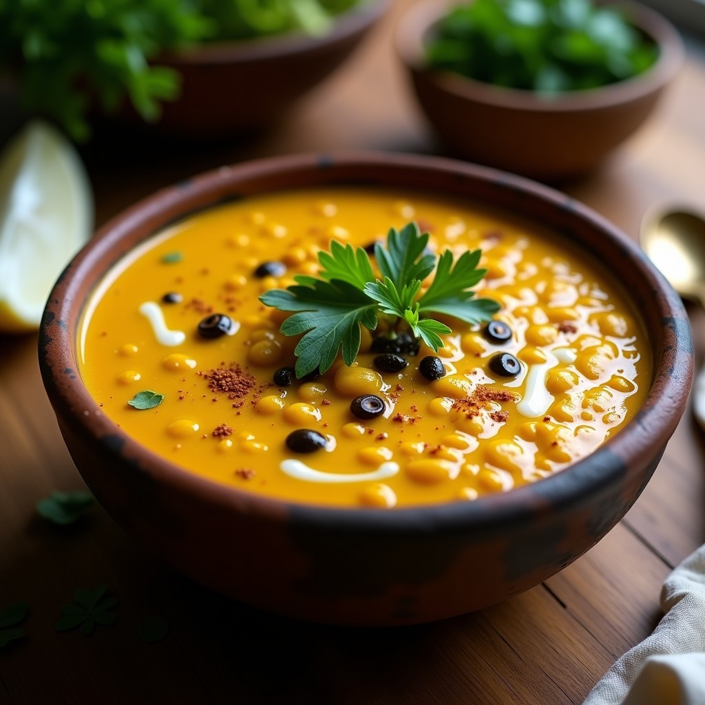 Curry benglí keto en bol de barro oscuro, con lentejas rojas cremosas, hojas de mostaza frescas y un hilo de aceite de coco. Decorado con semillas de comino negro y garam masala espolvoreado.