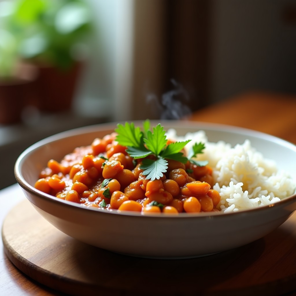 Bol hondo de cerámica blanca con curry de lentejas rojas en airfryer, cremoso y dorado, decorado con hojas de cilantro fresco y servido con arroz basmati.