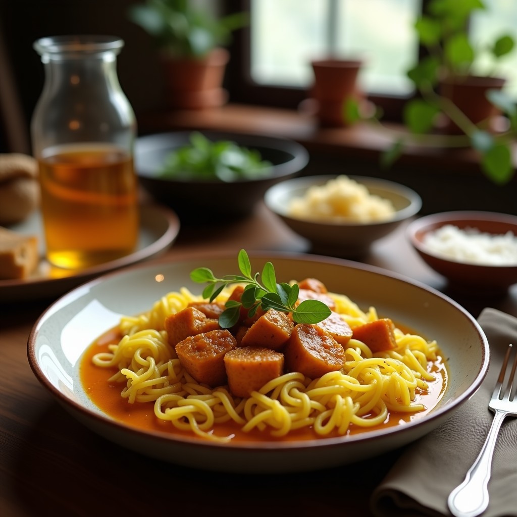 Foto de un delicioso Curry Massaman de ternera y boniato, con cacahuetes y albahaca tailandesa, servido en un plato de cerámica