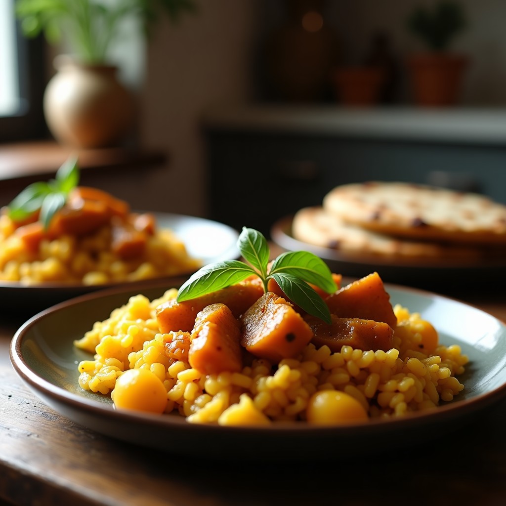 Foto de un delicioso Curry Massaman de ternera con patatas y cacahuetes, lista para servir, con un fondo de madera y un toque de hierbas frescas. Curry Massaman de ternera