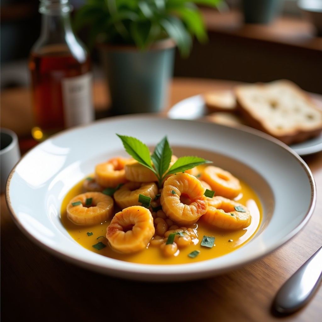 Wok con curry tailandés de camarones y rodajas de naranja, bañado en salsa cremosa de leche de coco y especias, decorado con hojas de albahaca fresca.