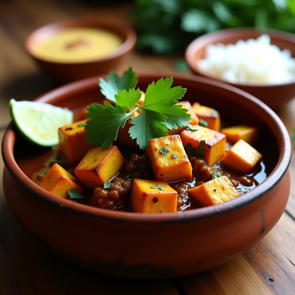 Plato hondo de barro con curry negro de Trinidad y tofu dorado, bañado en salsa oscura y cremosa con especias, decorado con cilantro fresco y rodajas de limón, servido con arroz basmati blanco.