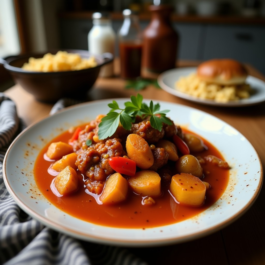 Plato hondo negro con curry rojo tailandés espeso, trozos de ternera dorados, pimientos rojos y cebolla morada, decorado con albahaca tailandesa y rodajas de lima. Receta de curry rojo con café en airfryer.