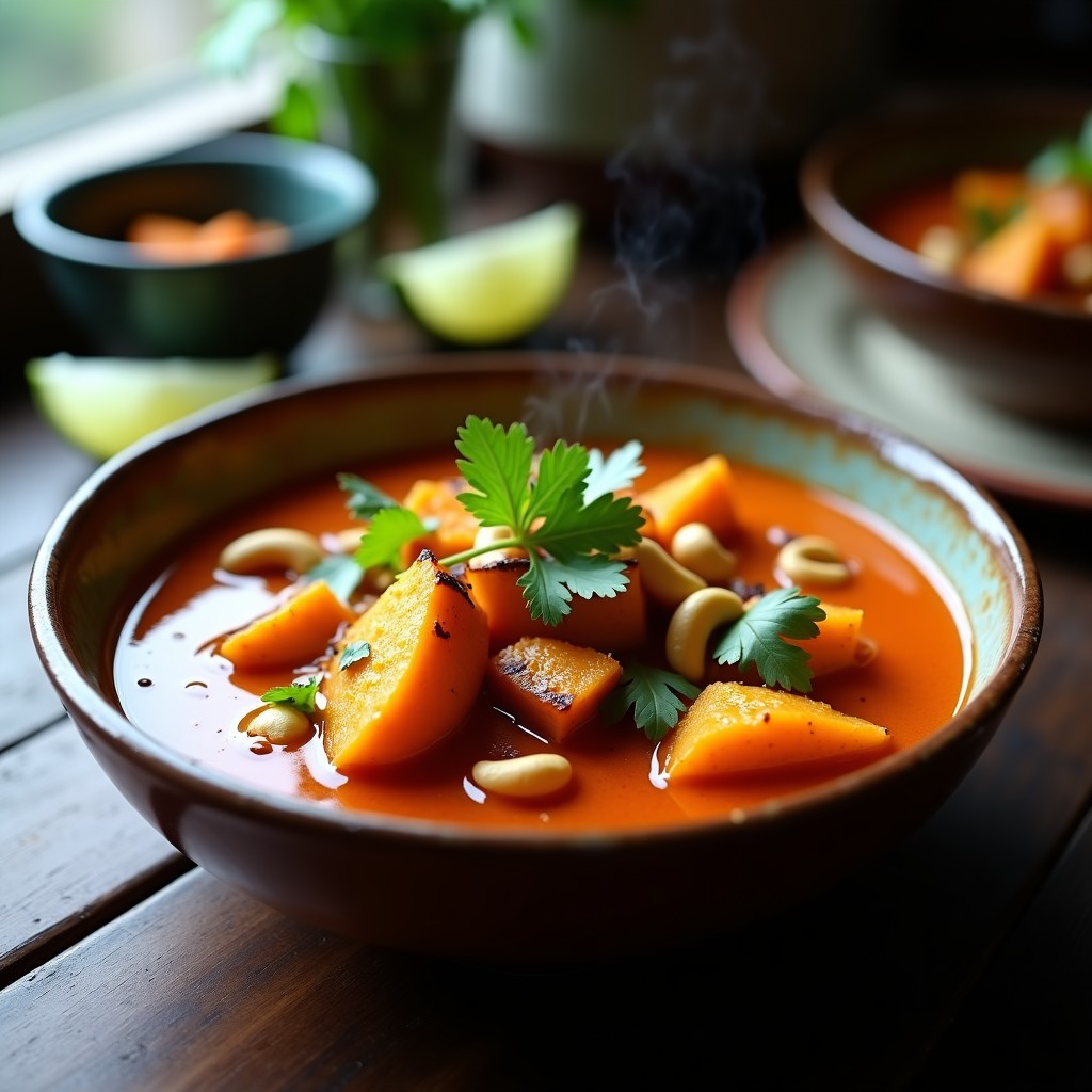 Cuenco hondo de cerámica negra con curry rojo tailandés vegano de calabaza butternut en trozos dorados, anacardos tostados y cilantro fresco, servido con arroz jazmín blanco. Fondos de hierba limón y hojas de lima kaffir decoran el plato.