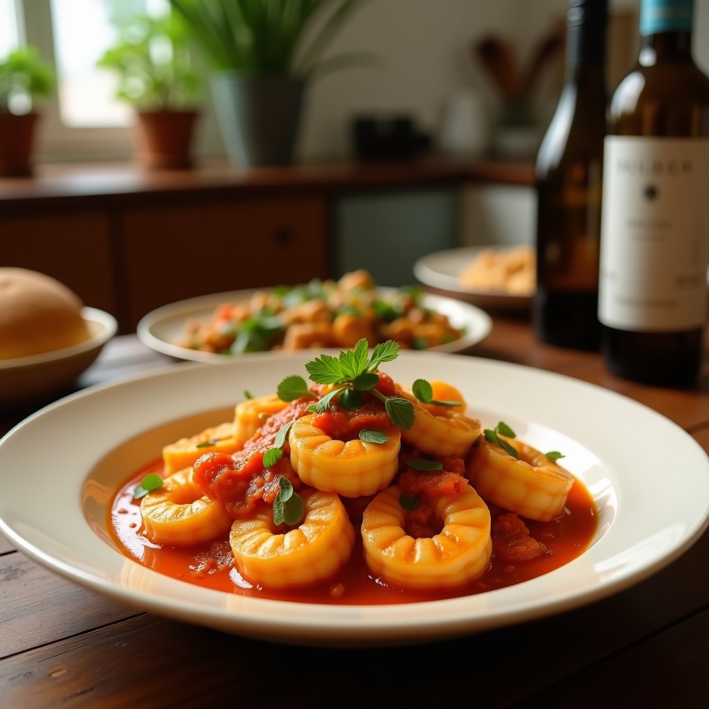 Foto de un curry rojo cremoso de camarones y piña tailandés en un plato, con ingredientes frescos y especias alrededor