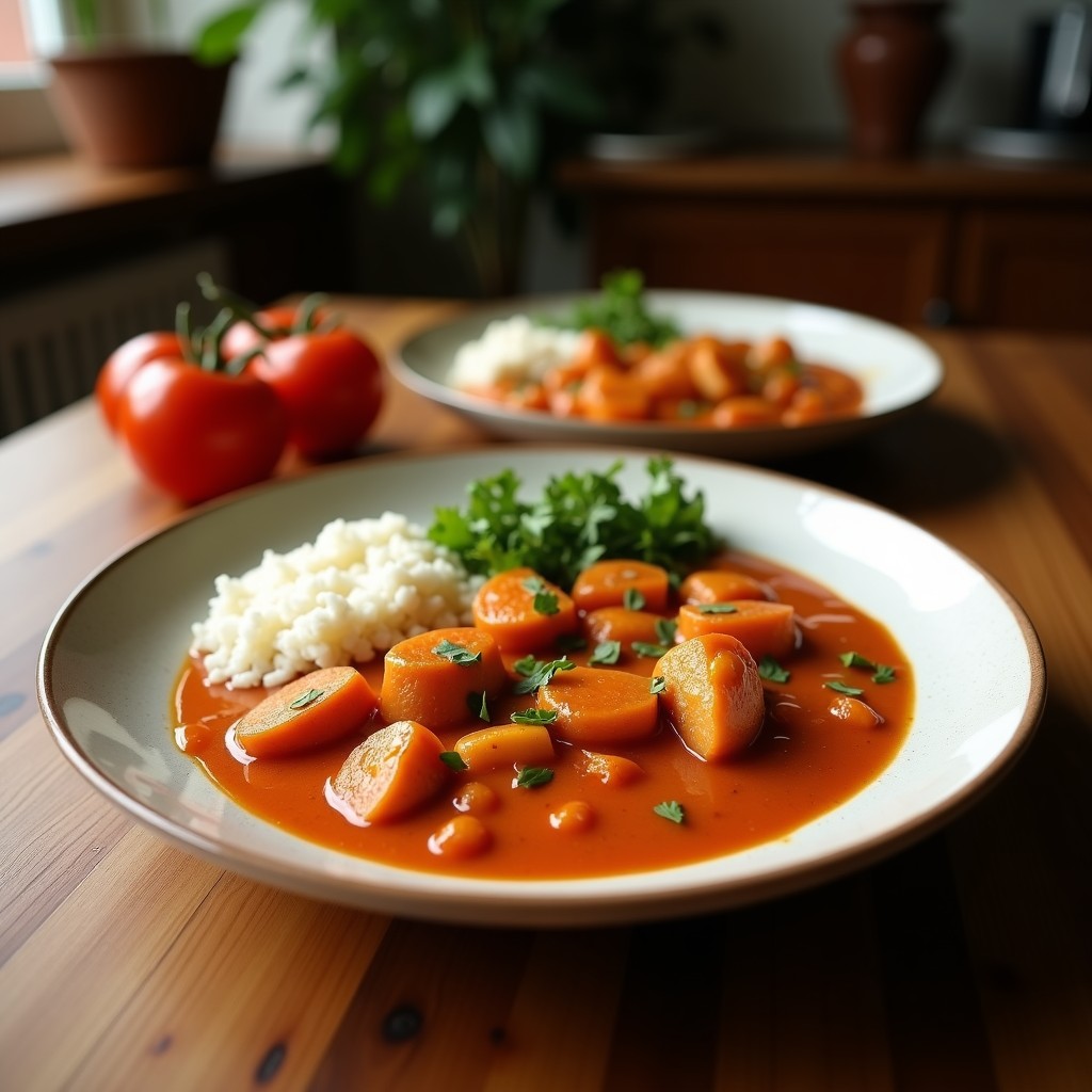 Bol hondo de cerámica negra con curry rojo de coliflor y anacardos tailandés, floretes de coliflor bañados en salsa espesa de color rojo intenso, anacardos tostados y cilantro fresco por encima. Fondo rústico con hoja de lima kaffir y rodaja de lima.