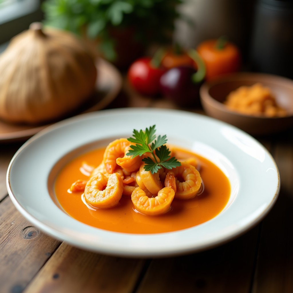 Foto de un curry rojo cremoso de gambas y calabaza tailandés, servido en un plato con rodajas de chile rojo fresco y hojas de lima kaffir