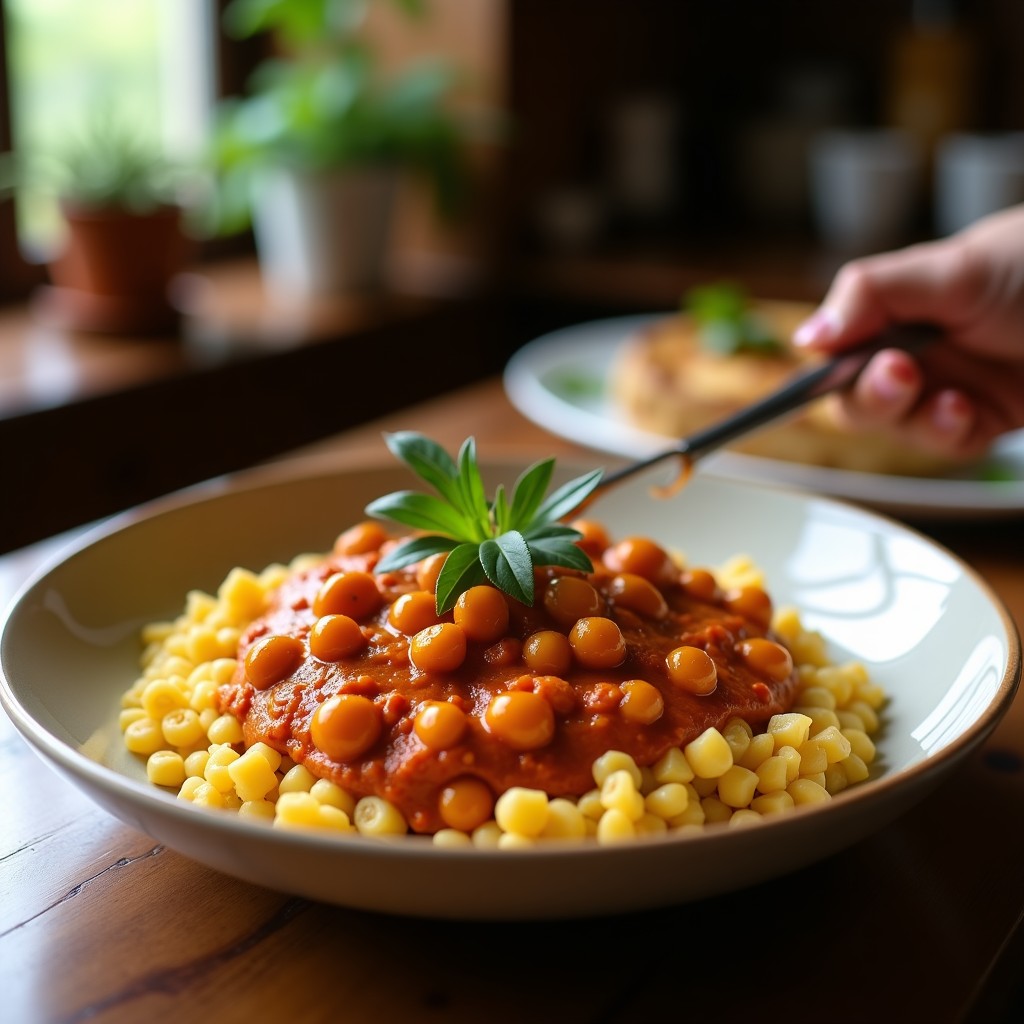 Foto de un curry rojo cremoso con garbanzos y boniato en un plato, decorado con cilantro fresco y lima. Receta vegana fácil y rápida de curry rojo cremoso
