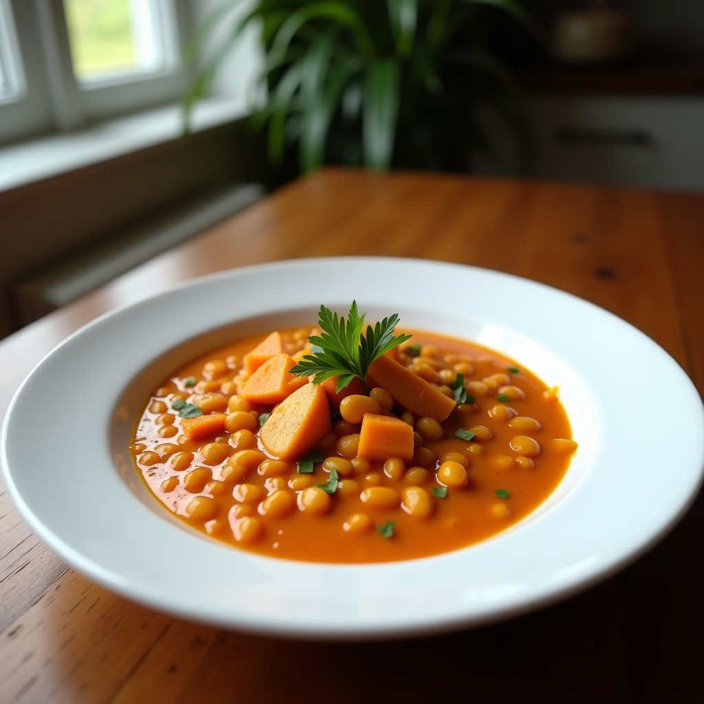 Plato hondo de cerámica blanca con curry rojo de lentejas y coco, espeso y brillante, decorado con cilantro fresco y rodajas de lima sobre un fondo de madera rústica.