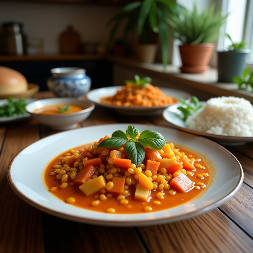 Cuenco hondo de cerámica negra con curry rojo de lentejas y coco, decorado con cilantro fresco y rodajas de limón, sobre fondo de madera rústica.