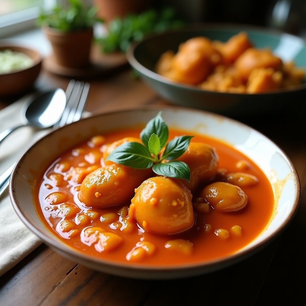 Foto de un curry rojo cremoso de pato y lichi en un plato, con ingredientes frescos alrededor. Curry rojo tailandés