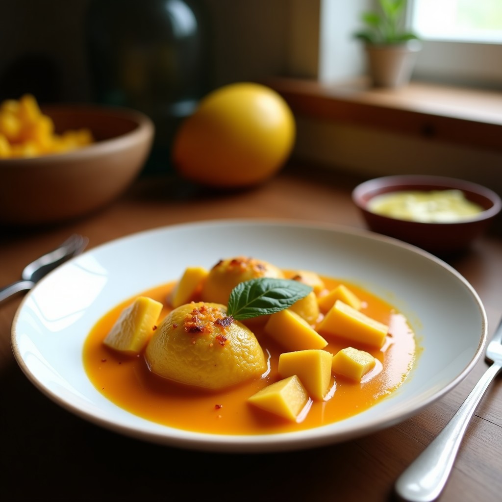 Foto de un curry rojo cremoso de pato y mango tailandés, servido con arroz jazmín y decorado con albahaca tailandesa