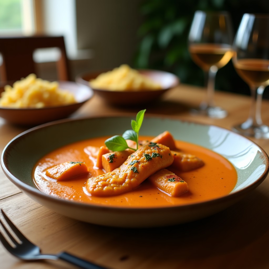 Foto de un curry rojo cremoso de pato y piña tailandés en un plato, con ingredientes frescos alrededor. Curry rojo de pato y piña