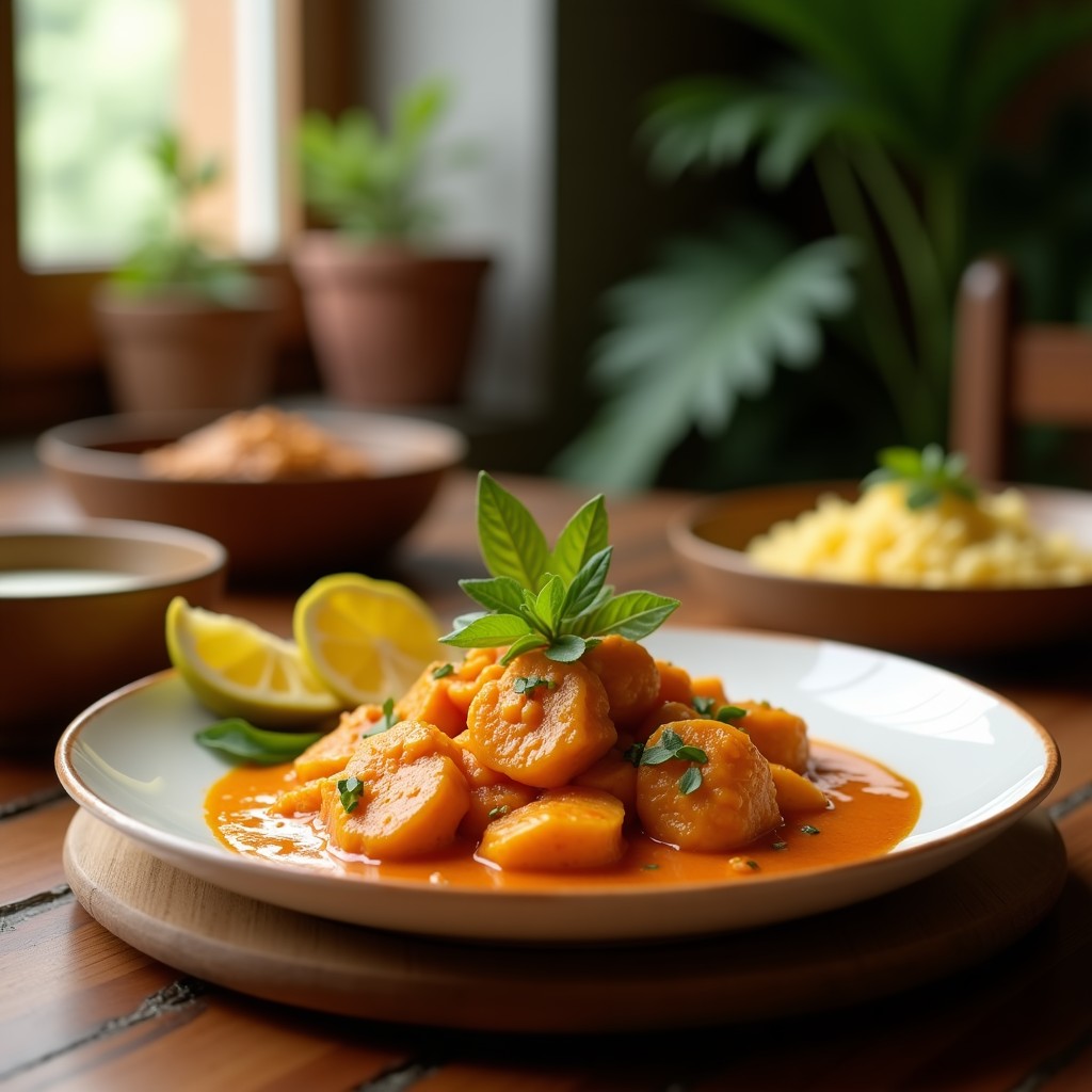 Foto de un curry rojo cremoso de pato y piña tailandés, servido en un plato con arroz y decorado con hojas de albahaca y chile rojo fresco. Curry rojo cremoso de pato y piña