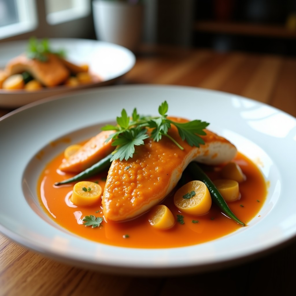 Foto de un curry rojo cremoso de pavo con verduras crujientes, servido en un plato tailandés, con ingredientes frescos alrededor.