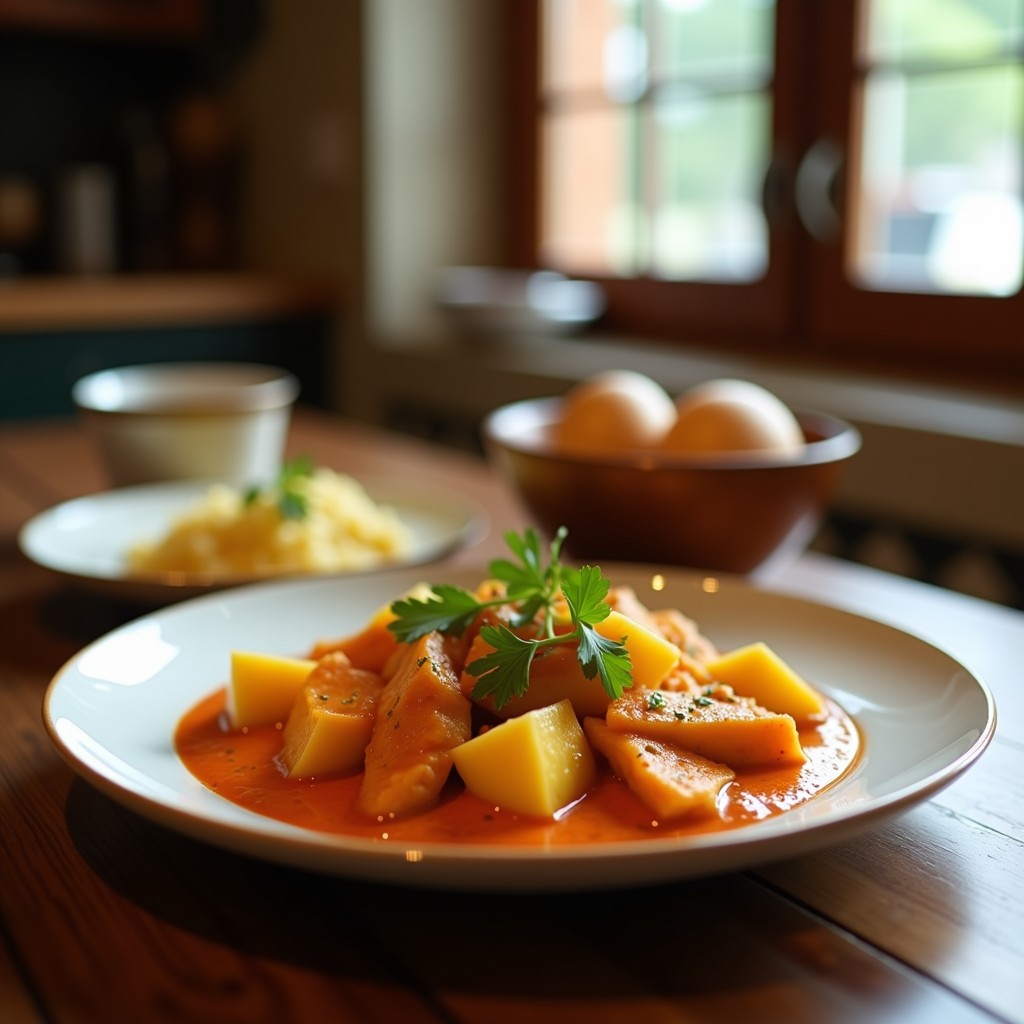 Foto de un curry rojo cremoso de pavo y piña con anacardos, servido en un plato tailandés tradicional, lista para comer