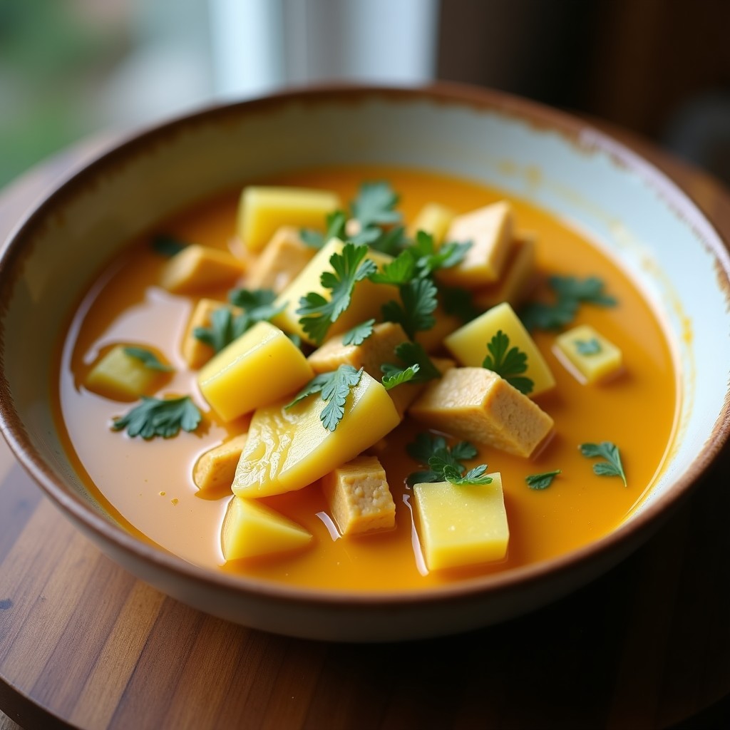 Foto de un curry rojo cremoso de pavo y piña en un plato tailandés, con ingredientes frescos y aromáticos alrededor