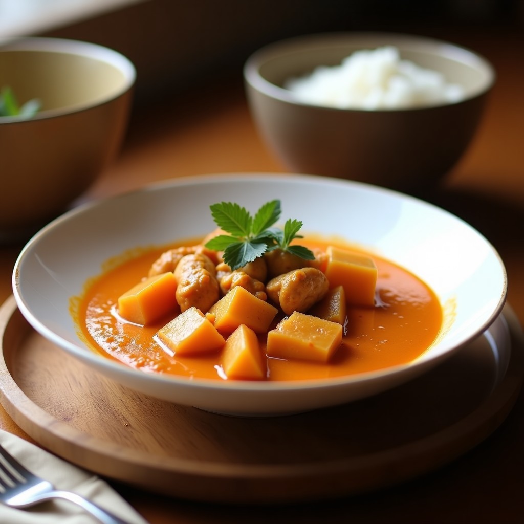Foto de un curry rojo cremoso de pollo y boniato con leche de coco, servido en un plato tailandés
