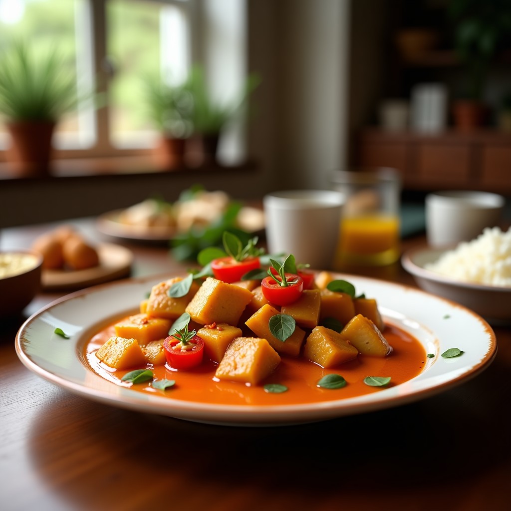 Foto de un curry rojo cremoso de pollo y pimiento rojo tailandés en un plato, con ingredientes frescos alrededor