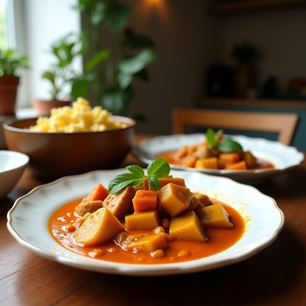 Foto de un curry rojo cremoso de pollo y calabaza tailandés en un plato, con ingredientes frescos alrededor. Curry rojo cremoso de pollo y calabaza