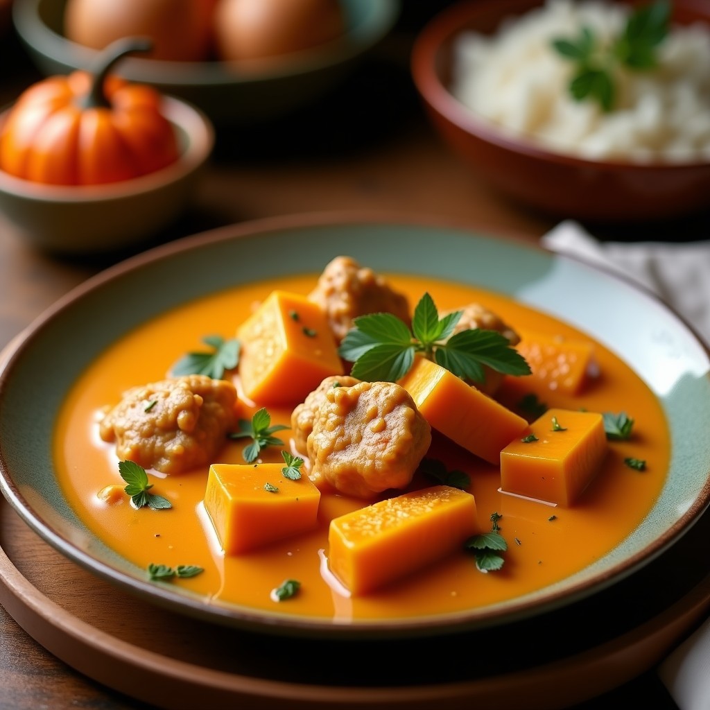 Foto de un plato de curry rojo cremoso de pollo y calabaza con leche de coco, servido con arroz blanco y decorado con hojas de albahaca tailandesa. Curry rojo cremoso de pollo y calabaza