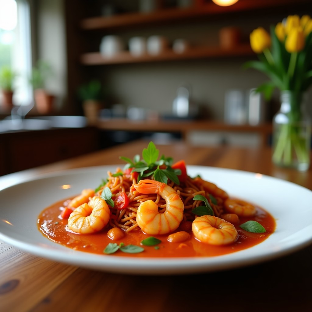 Bol hondo de cerámica negra con curry rojo tailandés cremoso, gambas rosadas y verduras coloridas, decorado con hojas de albahaca y rodajas de limón, servido con arroz jazmín.