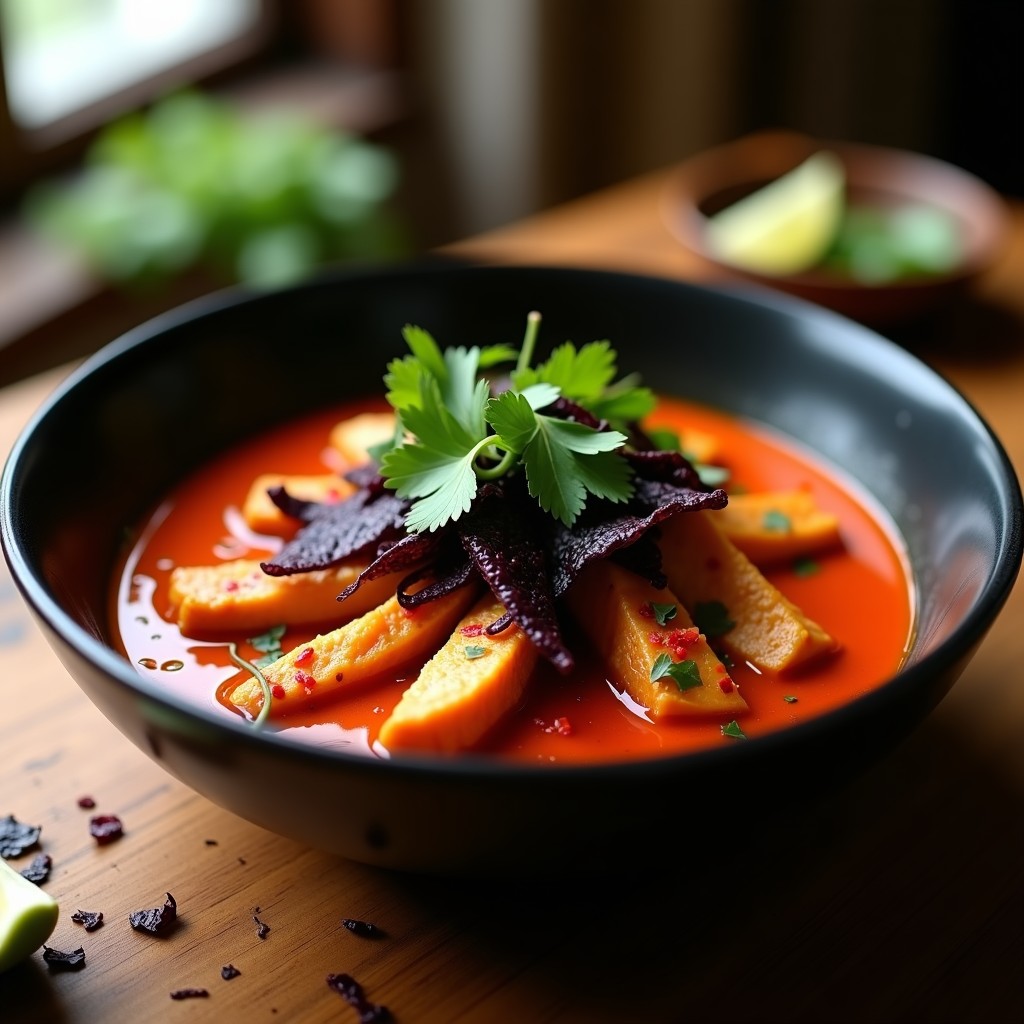 Plato hondo negro con curry rojo tailandés cremoso, trozos de pollo dorado, algas nori en tiras y cilantro fresco, receta en airfryer.