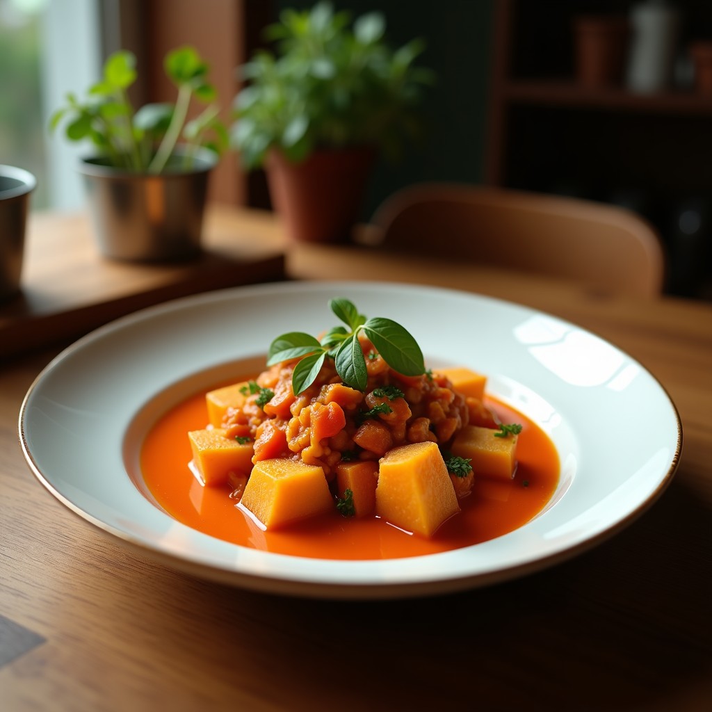 Plato hondo de barro con curry rojo tailandés cremoso, trozos de pollo, pimiento rojo, zanahoria y cebolla morada, decorado con albahaca fresca y maní picado. Receta express con café para umami intenso.