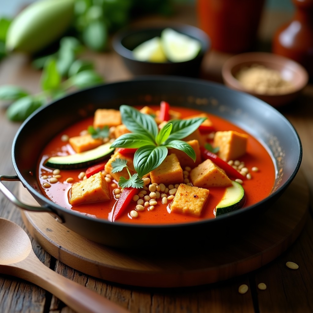 Wok negro con curry rojo tailandés cremoso, trozos dorados de tempeh, calabacín en medias lunas, pimiento rojo y cilantro fresco. Servido con cacahuetes picados y hojas de albahaca tailandesa sobre un fondo rústico de madera.