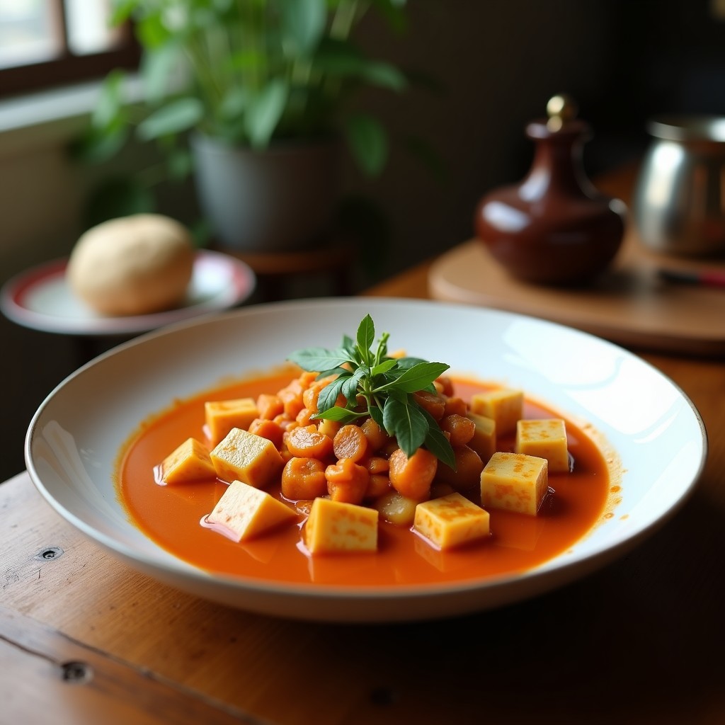Plato hondo de cerámica negra con curry rojo tailandés cremoso, champiñones portobello dorados, cubos de tofu y hojas de albahaca fresca, acompañado de arroz jazmín blanco.