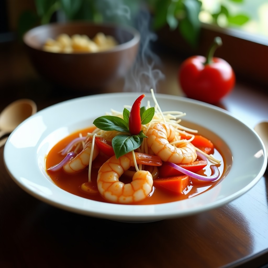 Plato hondo de cerámica blanca con curry rojo tailandés cremoso, gambas rosadas, tiras de pimiento rojo y cebolla morada, decorado con albahaca fresca y germinados de soja. Fondo borroso con cucharón de madera.