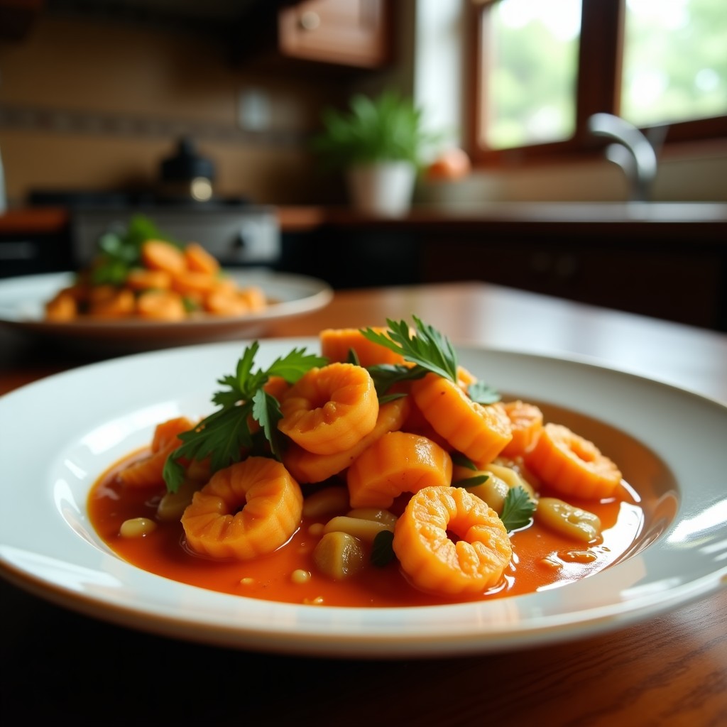 Foto de un curry rojo tailandés con gambas y piña asada, servido en un plato de cerámica, con ingredientes frescos alrededor. Curry rojo tailandés