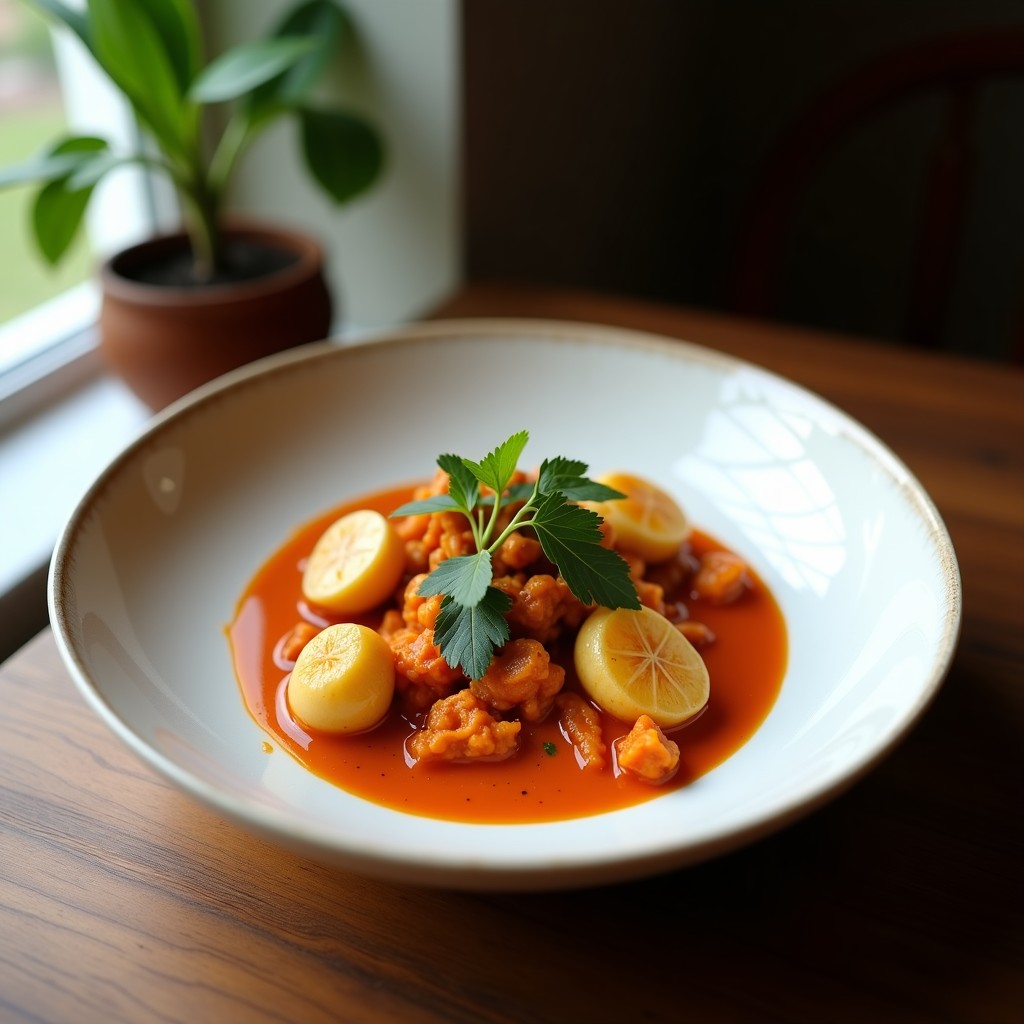 Cazuela de barro con curry rojo tailandés cremoso, hongos oyster dorados, trozos de pimiento rojo y cebolla, decorado con hojas de albahaca tailandesa y rodajas de lima sobre un fondo oscuro.