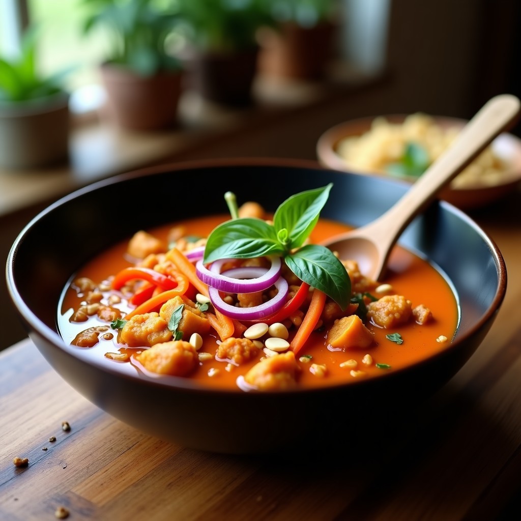 Bol hondo de cerámica negra con curry rojo tailandés vegano, jackfruit desmenuzado en salsa cremosa de coco, cebolla morada, pimiento rojo y zanahorias, decorado con albahaca fresca y cacahuetes tostados. Plato con fondo de madera rústica y cuchara de madera.